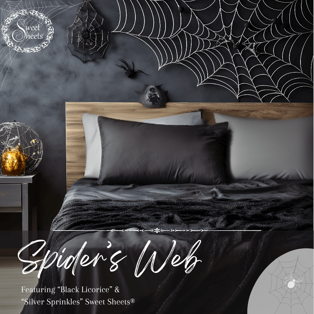 Spider Halloween Bedroom Decor with black and light grey bed sheets